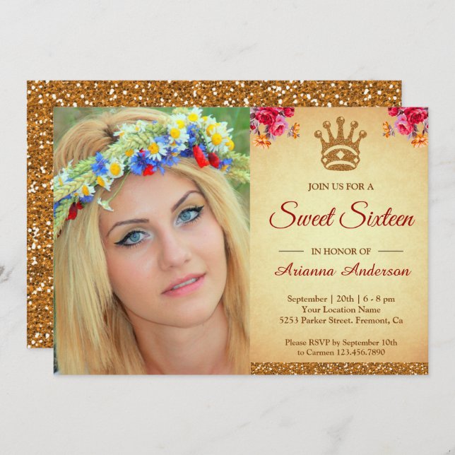 Royal Princess Gold Glitter Photo Sweet Sixteen Invitation (Front/Back)