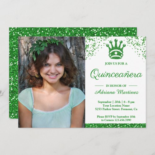 Royal Princess Green Glitter Photo Quinceanera Invitation