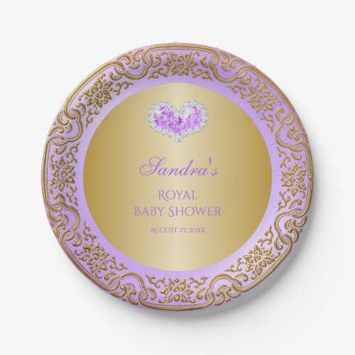 Royal Princess Lavender Gold Diamond Heart Gem Paper Plates