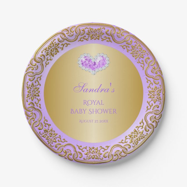 Royal Princess Lavender Gold Diamond Heart Gem Paper Plates (Front)