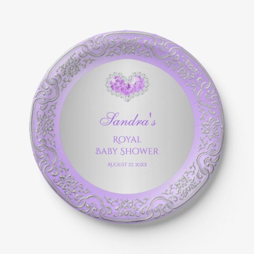 Royal Princess Lavender Silver Diamond Heart Gem Paper Plates