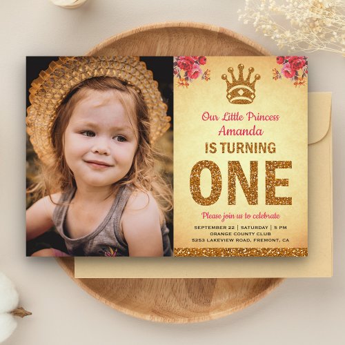 Royal Princess Photo Gold First Birthday Party Invitation