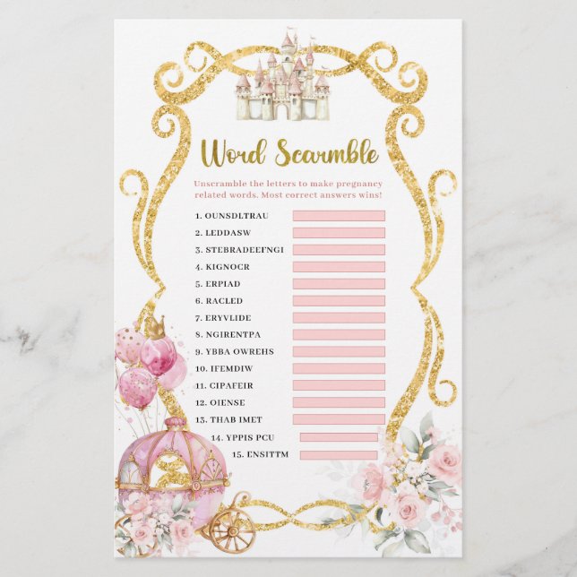 Royal Princess Pink Carriage Word Scramble Games (Front)