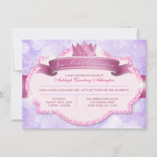 Royal Princess Pink Glitter and Purple Baby Shower Invitation