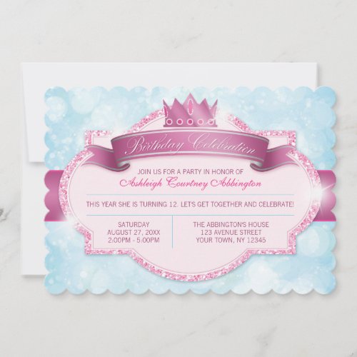 Royal Princess Pink Glitter Girls Birthday Party Invitation