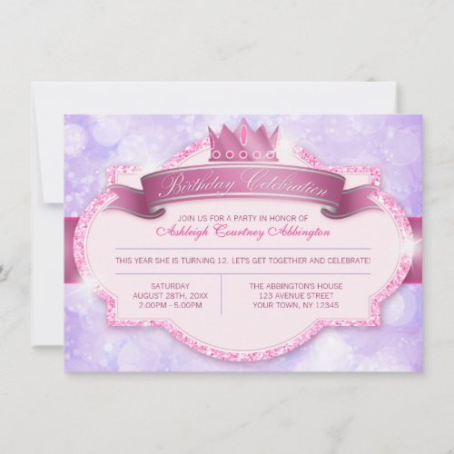 Royal Princess Pink Glitter Girls Birthday Party Invitation