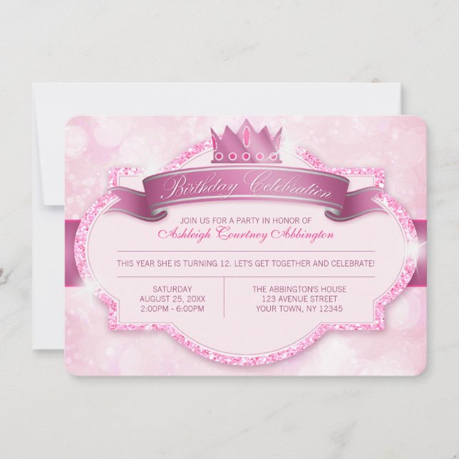 Royal Princess Pink Glitter Girls Birthday Party Invitation (Front)