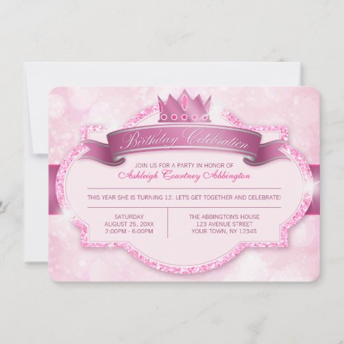 Royal Princess Pink Glitter Girls Birthday Party Invitation