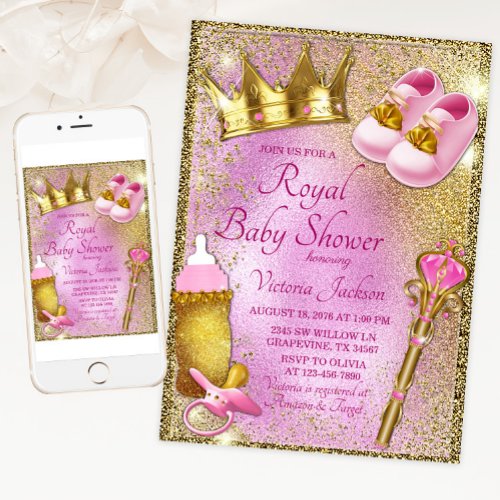 Royal Princess Pink Gold Baby Shower Invitation