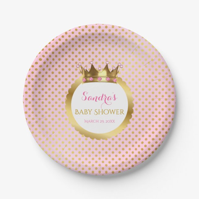 Royal Princess Pink Gold Jewelled Crown Paper Plates (Front)