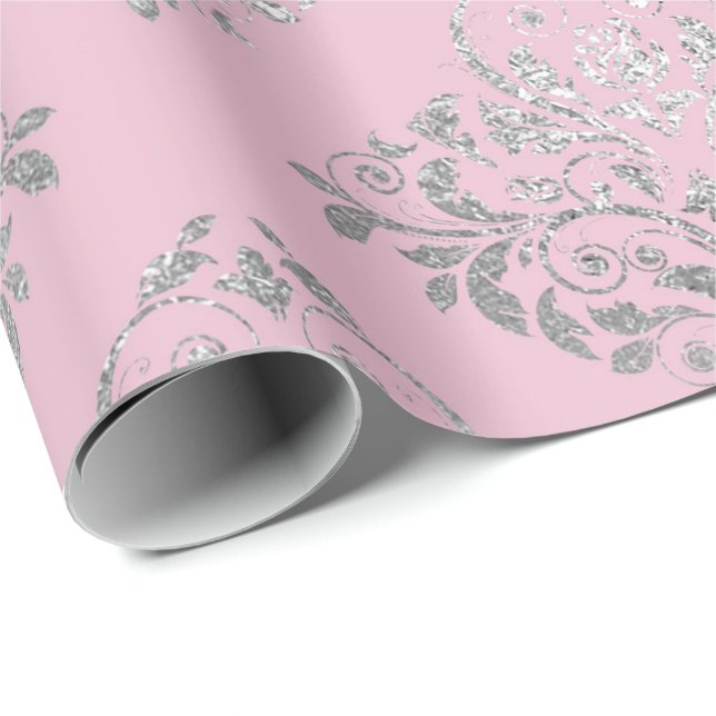Royal Princess Pink Silver Damask Shiny Wrapping Paper (Roll Corner)