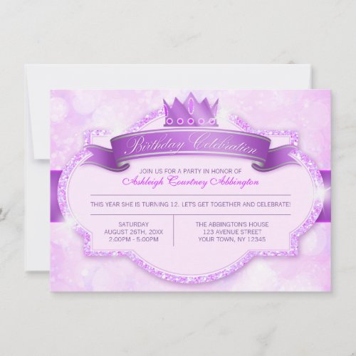 Royal Princess Purple Glitter Girls Birthday Party Invitation