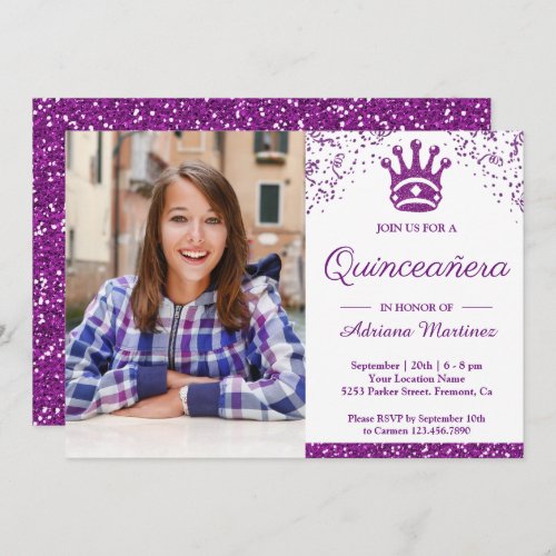 Royal Princess Purple Glitter Photo Quinceanera Invitation