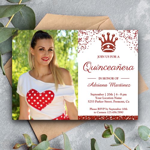 Royal Princess Red Glitter Photo Quinceanera Invitation