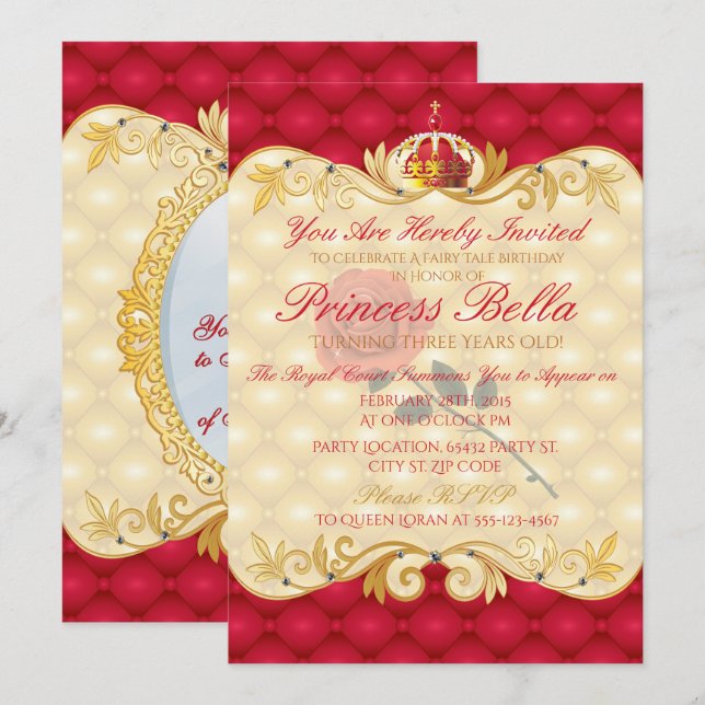 Royal Princess, Red Rose Birthday Invitations (Front/Back)