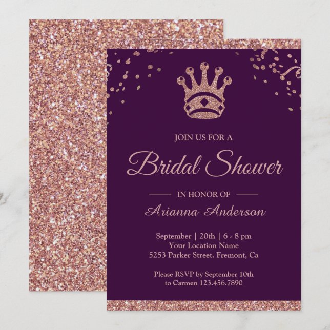 Royal Princess Rose Gold Glitter Bridal Shower Invitation (Front/Back)