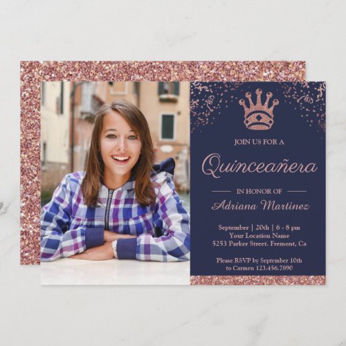 Royal Princess Rose Gold Glitter Photo Quinceanera Invitation