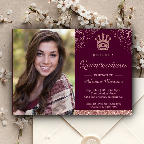 Royal Princess Rose Gold Glitter Photo Quinceanera Invitation