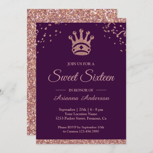 Royal Princess Rose Gold Glitter Sweet Sixteen Invitation