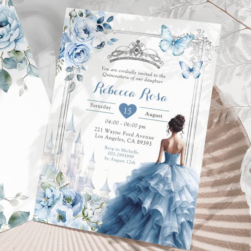 Royal Princess Silver Dusty Blue Quinceaera Invitation
