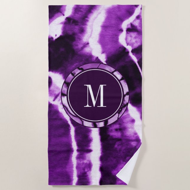 Royal Purple Amethyst Tie Dye Watercolor Monogram Beach Towel (Front)