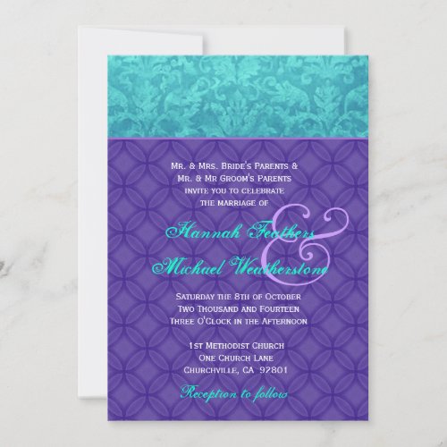 Royal Purple and Aqua Blue Damask Wedding G500 Invitation