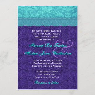 Royal Purple and Aqua Blue Damask Wedding G500A Invitation