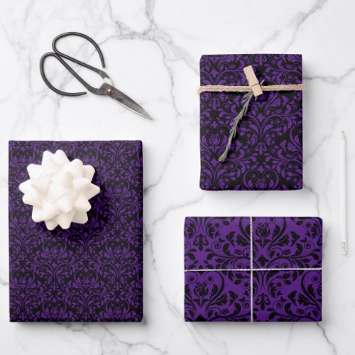 Royal Purple and Black Rose Floral Damask Wrapping Paper Sheets