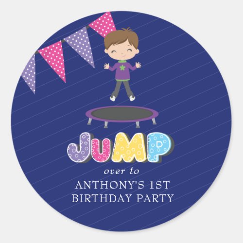 Royal Purple and Blue Trampoline Birthday Party Classic Round Sticker