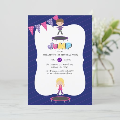 Royal Purple and Blue Trampoline Birthday Party Invitation | Zazzle