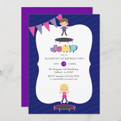 Royal Purple and Blue Trampoline Birthday Party Invitation