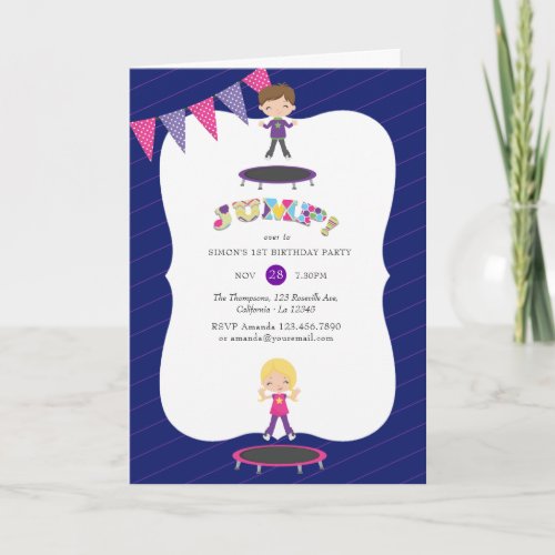 Royal Purple and Blue Trampoline Birthday Party Invitation