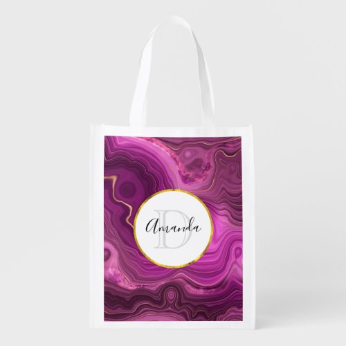 Royal Purple And Gold Agate Abstract Monogram Grocery Bag