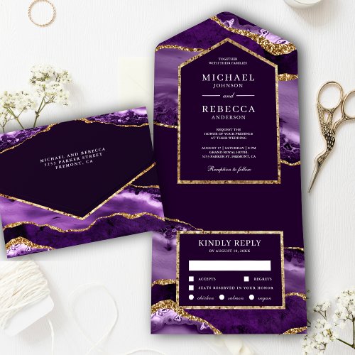 Royal Purple and Gold Agate Marble Wedding All In One Invitation