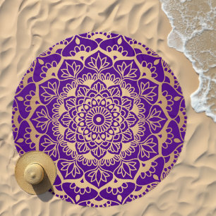 Royal Purple and Gold Boho Mandala Art Beach Towel