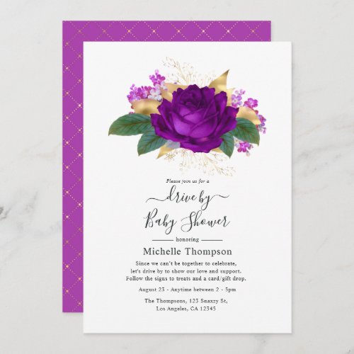 Royal Purple and Gold Floral Drive By Shower Invitation