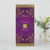 Royal Purple and Gold Floral Menu Card (Standing Front)