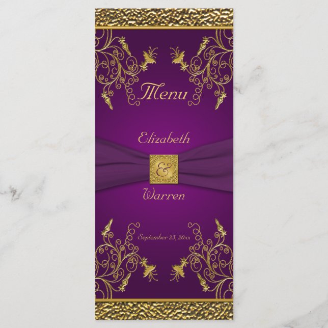 Royal Purple and Gold Floral Menu Card (Front)