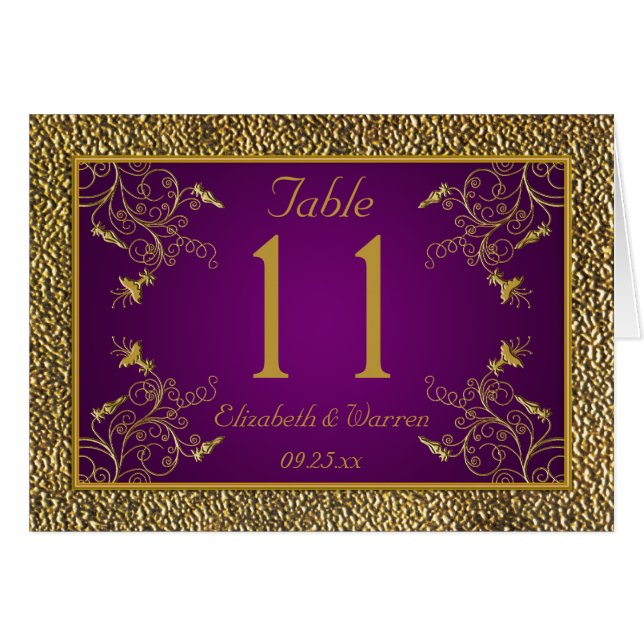 Royal Purple and Gold Floral Table Number Card (Front Horizontal)