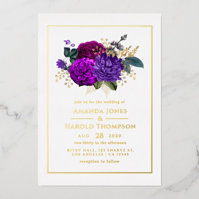 Royal Purple and Gold Floral Wedding Foil Invitation (Front)