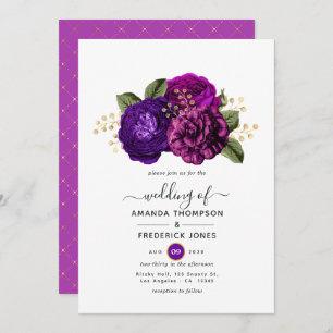 Royal Purple and Gold Floral Wedding Invitation