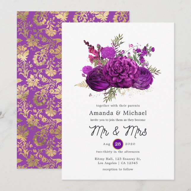 Royal Purple and Gold Floral Wedding Invitation (Front/Back)