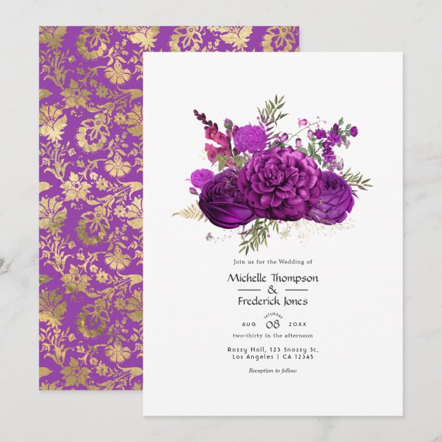 Royal Purple and Gold Floral Wedding Invitation (Front/Back)