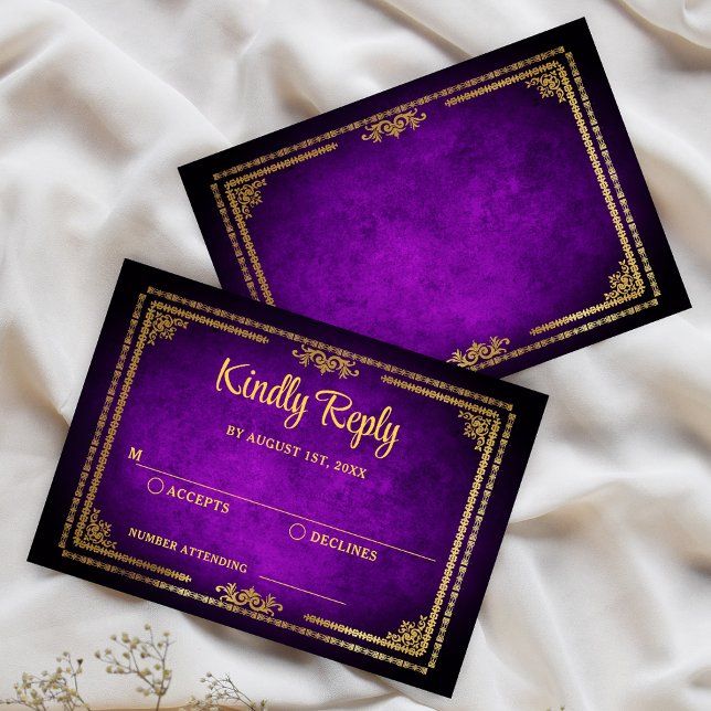 Royal Purple and Gold Frame Deco Wedding RSVP Card (Creator Uploaded)