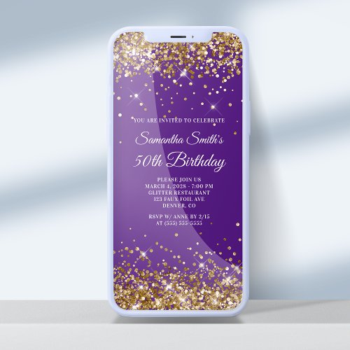 Royal Purple and Gold Glitter 50th Birthday Invitation