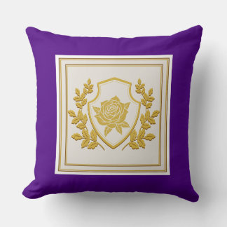 Royal Purple and Gold Heraldic Rose Shield Throw Pillow