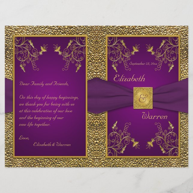 Royal Purple and Gold Medallion Wedding Program (Front)