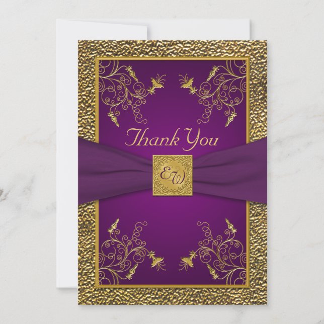 Royal Purple and Gold Monogram Thank You Card (Front)