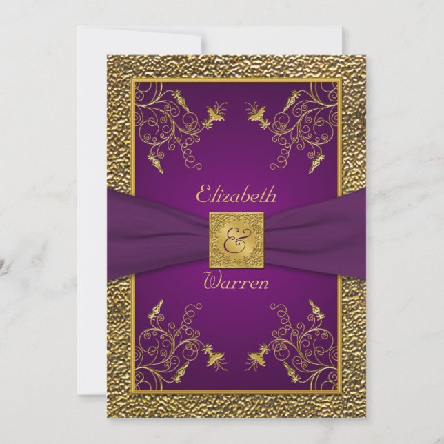 Royal Purple and Gold Monogram Wedding Invitation (Front)