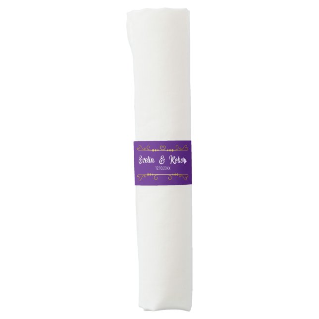 Royal Purple and Gold Wedding Ornate Flourish Napkin Bands (Front)